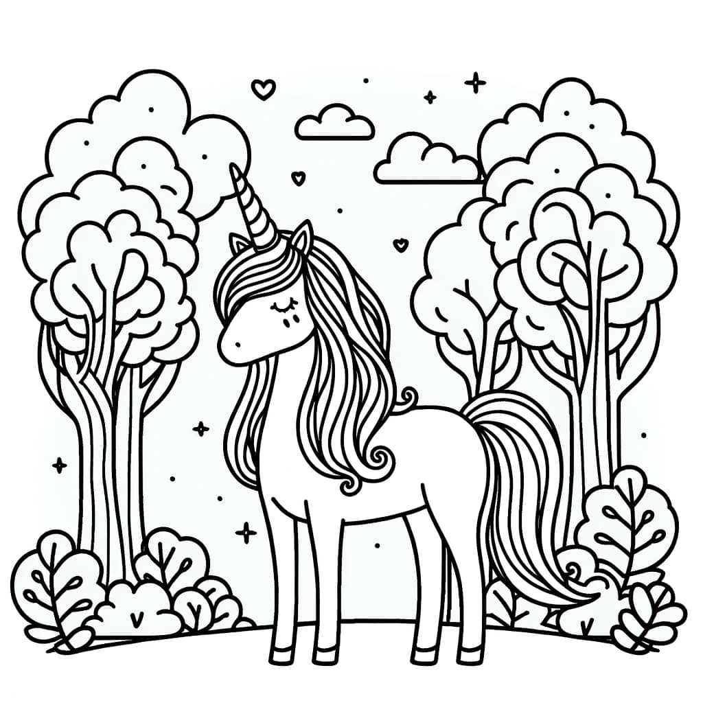 Ausmalbild - Das Einhorn im Zauberwald - Einhorn, Zauberwald, Bäume, Wolken
