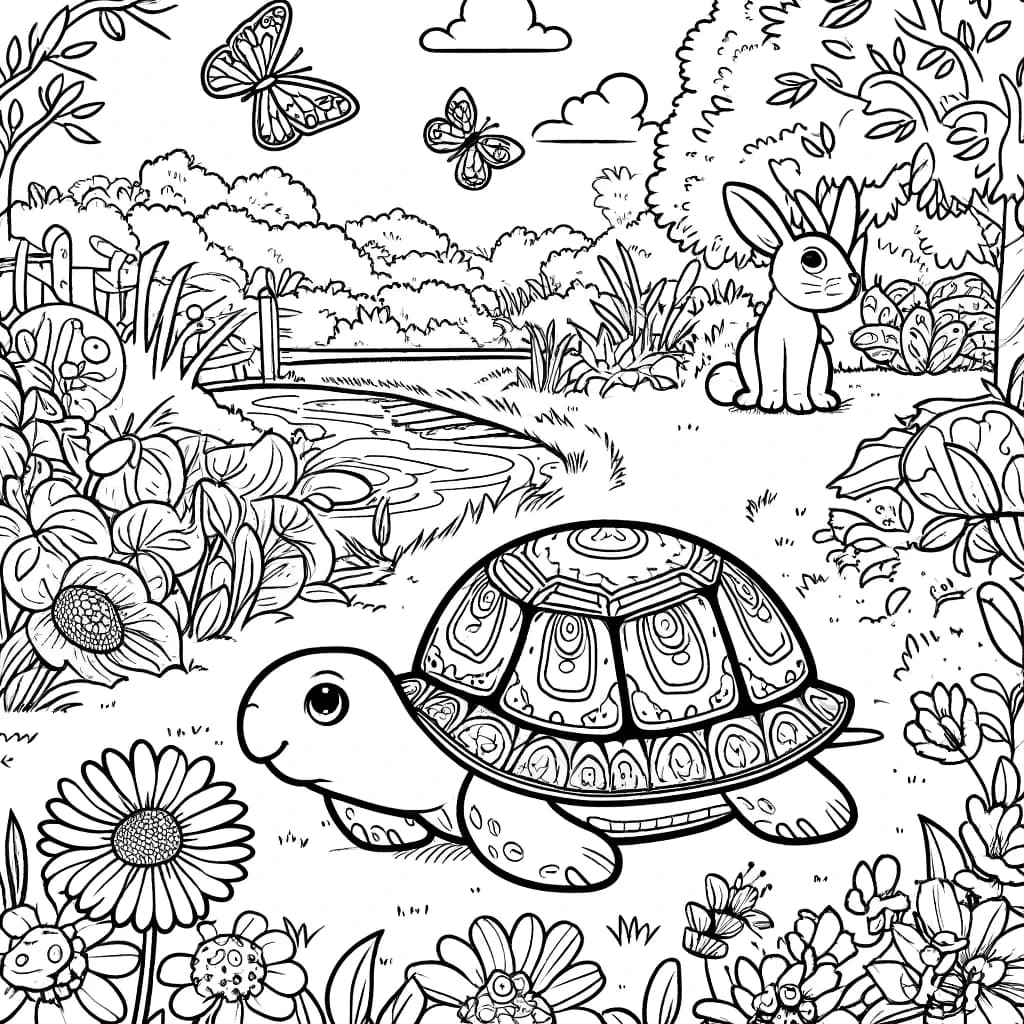 Ausmalbild - Die freundliche Schildkröte im Garten - Schildkröte, Garten, Pflanzen, Blumen