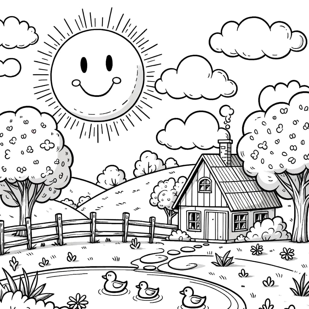 Ausmalbild - Sonnenstrahlen auf dem Land - Sonne, Wolken, Bauernhaus, Bäume