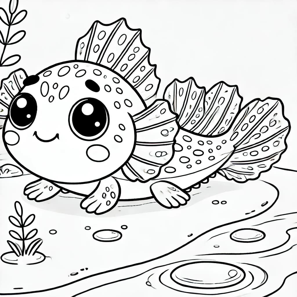 Ausmalbild - Schlammspringer im Watt - Schlammspringer, Fisch, Watt, Wasser