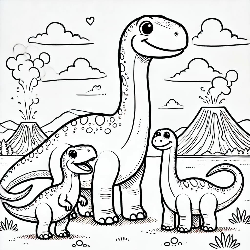 Ausmalbild - Familie Langhals - Dinosaurier, Langhals, Familie, prähistorisch