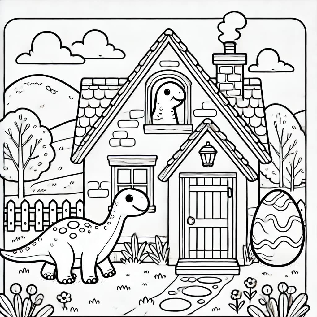 Ausmalbild - Dino-Häuser - Dinosaurier, Häuser, Ei, Fenster