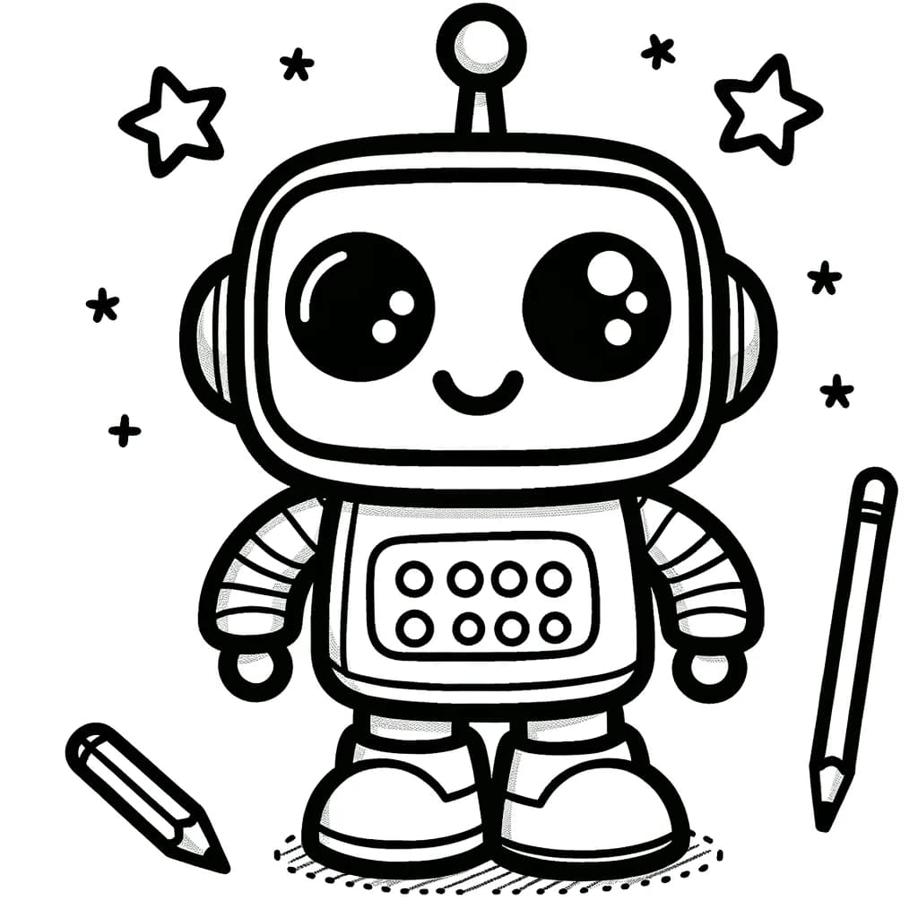 Ausmalbild - Der freundliche Robote - Roboter, Sterne, rundkopf, quadratischer Körper