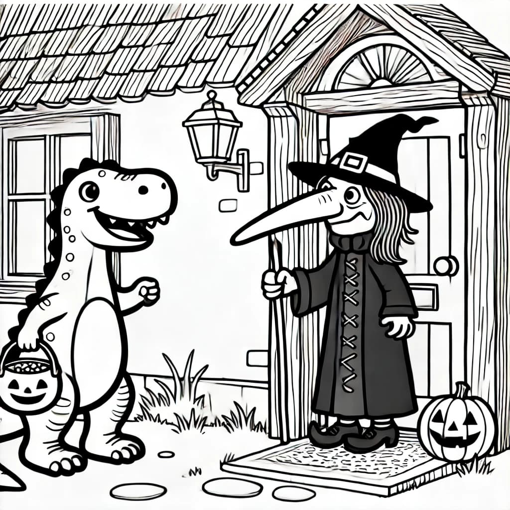 Ausmalbild - Dino an Halloween - Dinosaurier, Hexe, Halloween, Tür