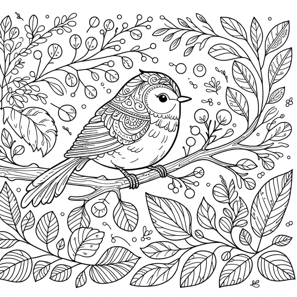 Ausmalbild - Der fröhliche Vogel auf dem Ast - Vogel, Ast, Blätter, Natur