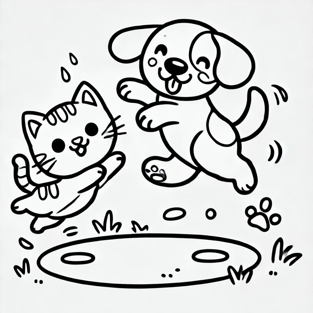 Ausmalbild - Katze und Hund beim Spielen - Katze, Hund, Spielen, Tierfreunde