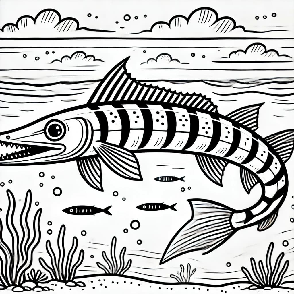 Ausmalbild - Der schnelle Barrakuda - Fisch, Meer, Barrakuda, Ozean