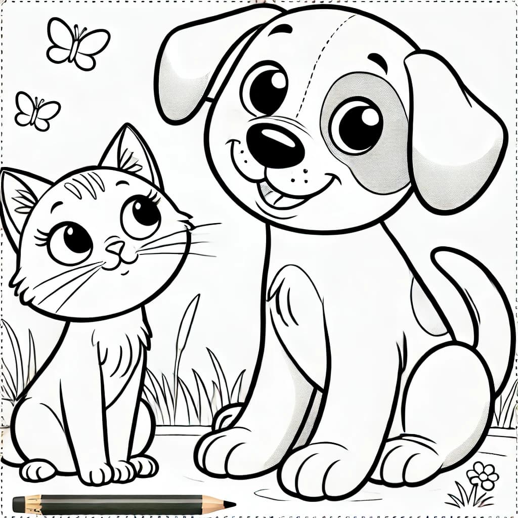 Ausmalbild - Katze und Hund - Freundschaft - Katze, Hund, Tierfreunde