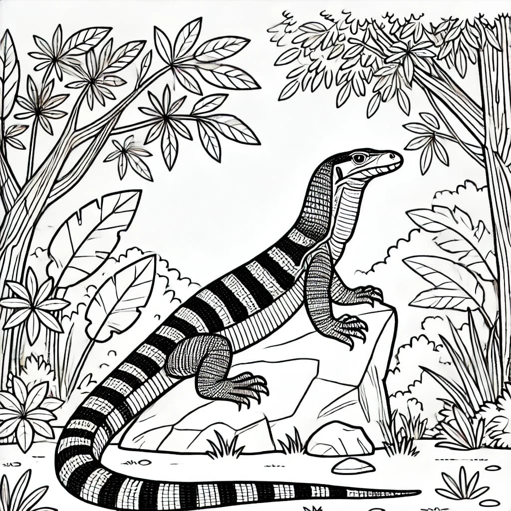 Ausmalbild - Waran im Dschungel - Waran, Echse, Dschungel, Blätter