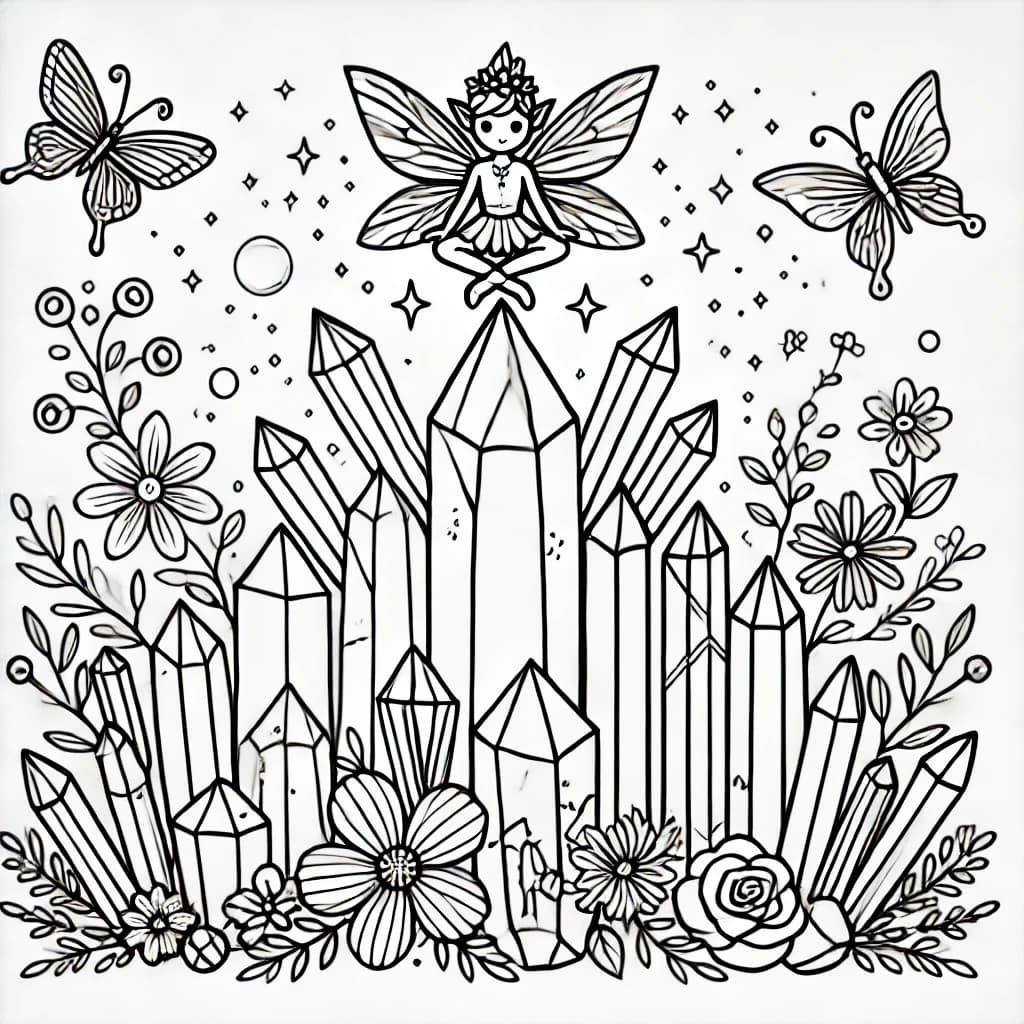 Ausmalbild - Magische Kristallpyramide mit Elfe - Kristalle, Elfe, Schleife, Blumen