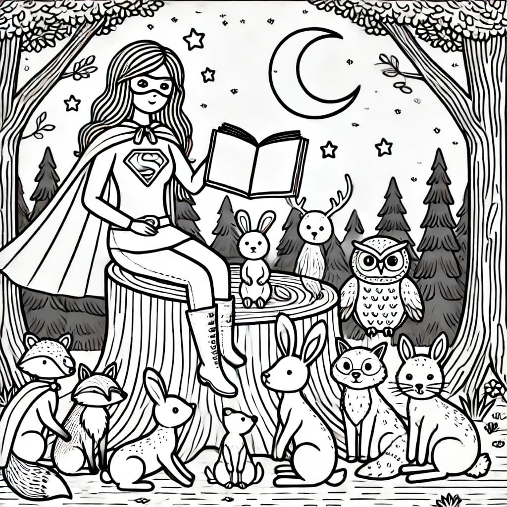 Ausmalbild - Superheldin erzählt eine Gutenachtgeschichte - Superheldin, Waldtiere, Vorlesen, Nacht