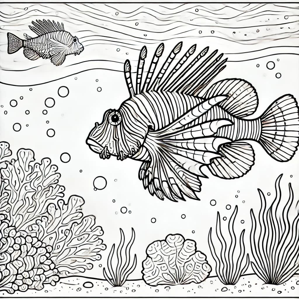 Ausmalbild - Zwei Rotfeuerfische im Meer - Rotfeuerfisch, Fische, Meer, Korallen