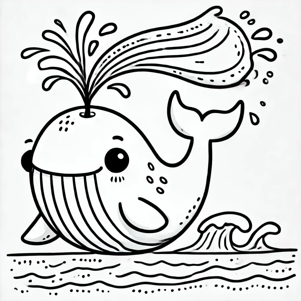 Ausmalbild - Der fröhliche Wal und seine Wasserfontäne - Wal, Wasserfontäne, Meer, Ozean