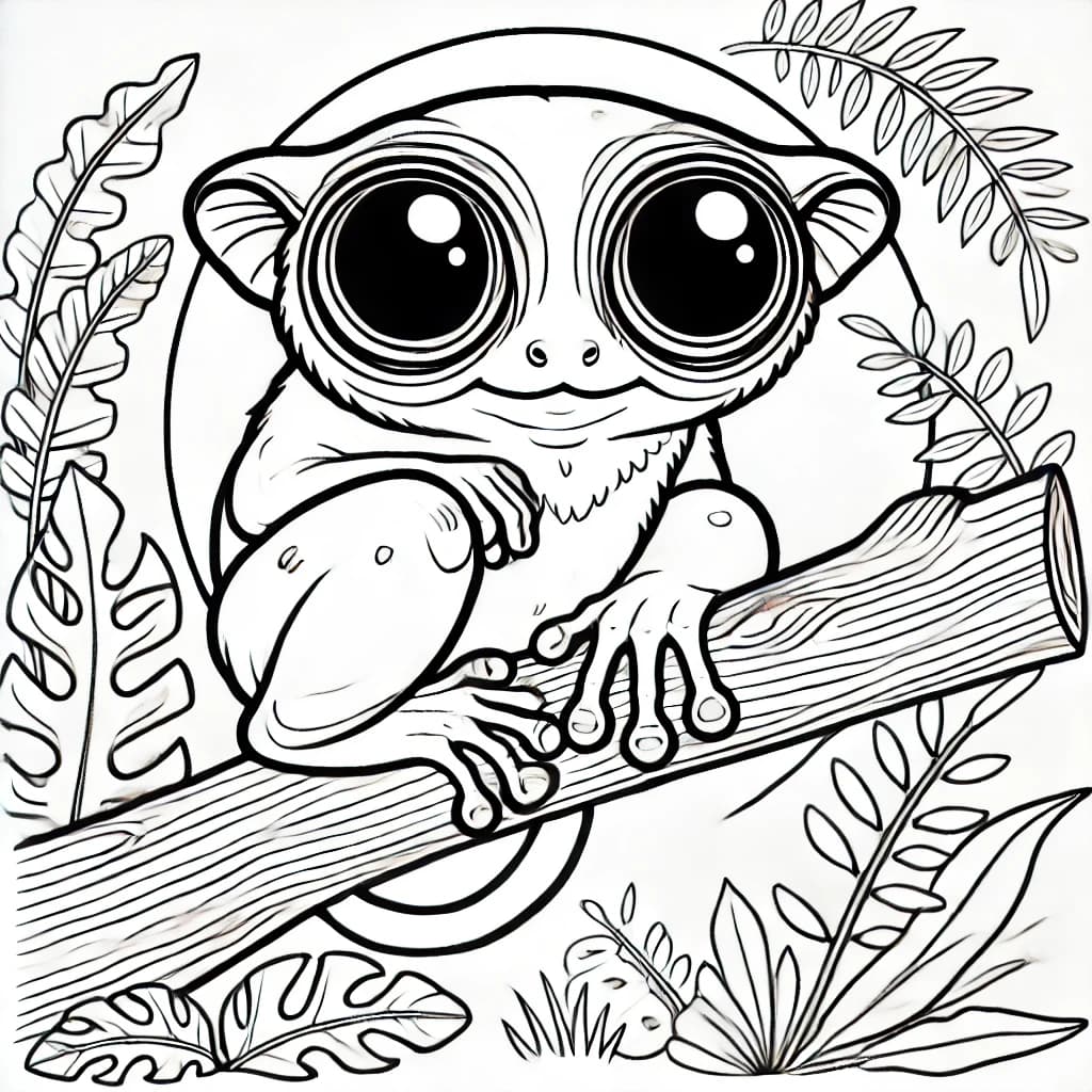 Ausmalbild - Koboldmaki-Frosch auf einem Ast - Koboldmaki, Frosch, Hybrid, Dschungel