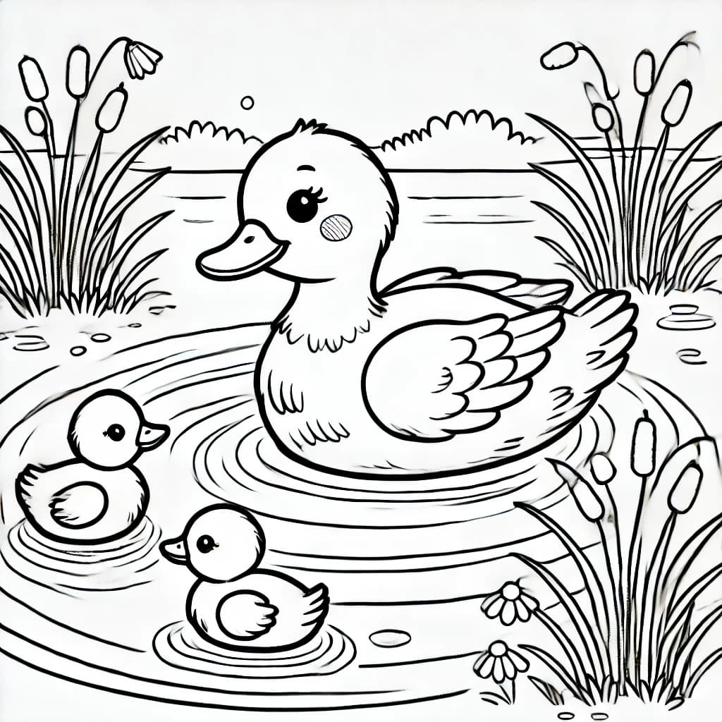 Ausmalbild - Entenfamilie auf dem Teich - Ente, Küken, Teich, Wasser