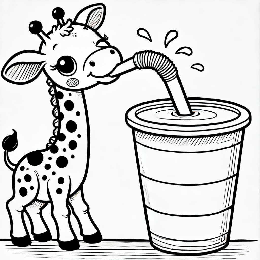 Ausmalbild - Die durstige Giraffe - Giraffe, Strohhalm, Becher, Trinken
