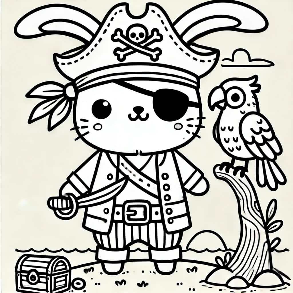 Ausmalbild - Piratenhase mit Papagei - Pirat, Hase, Papagei, Schatztruhe