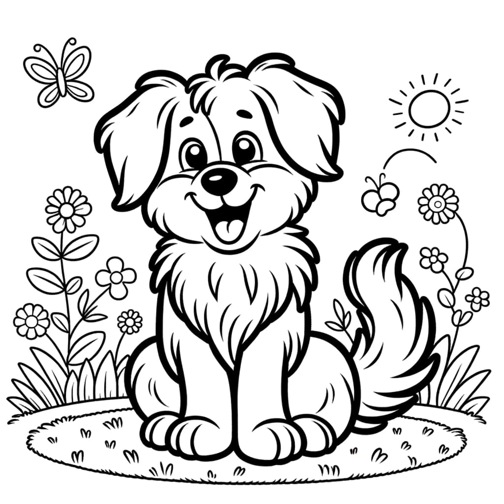 Ausmalbild - Glücklicher Hund im Garten - Hund, Garten, Blumen, Schmetterling