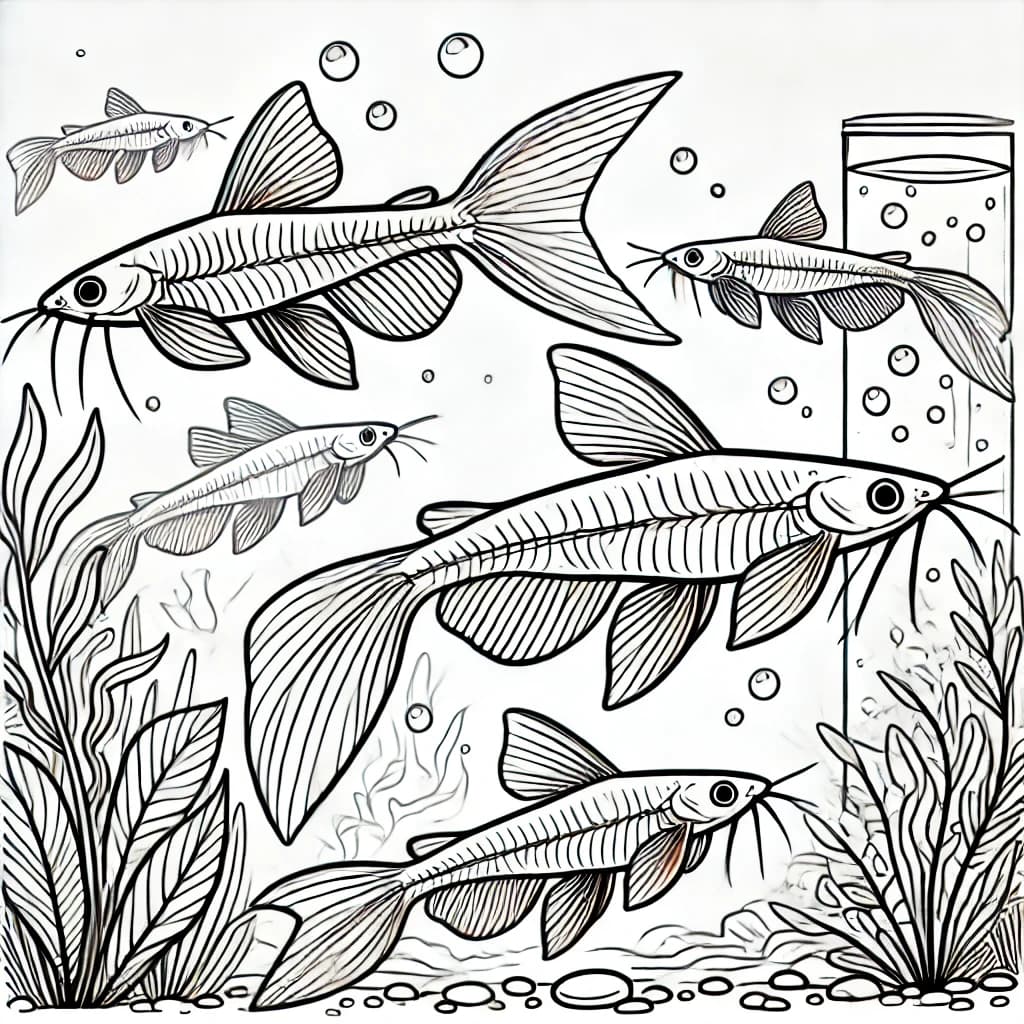 Ausmalbild - Glaswelse im Aquarium - Fische, Aquarium, Glaswels, Unterwasserwelt