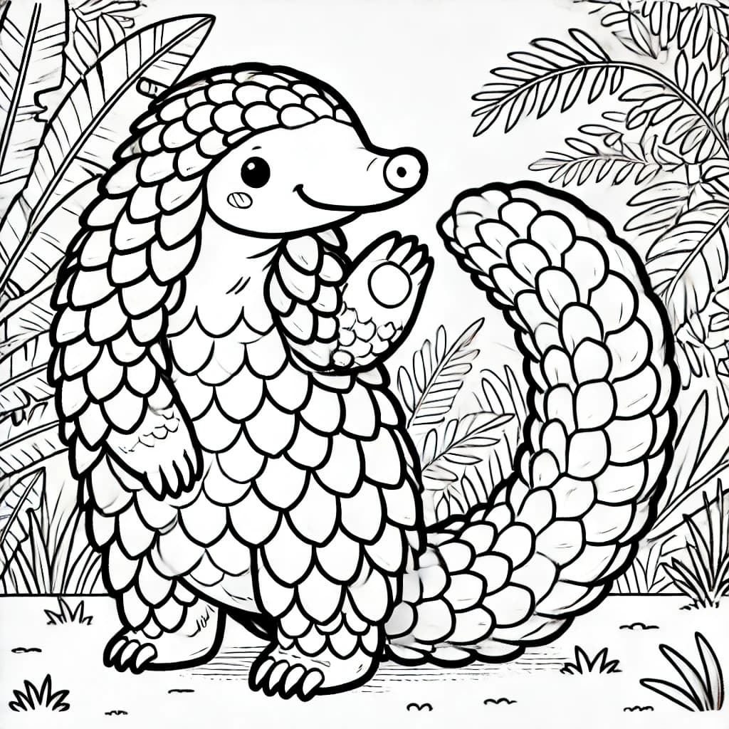 Ausmalbild - Fröhlicher Pangolin im Dschungel - Pangolin, Dschungel, Blätter, Tiere