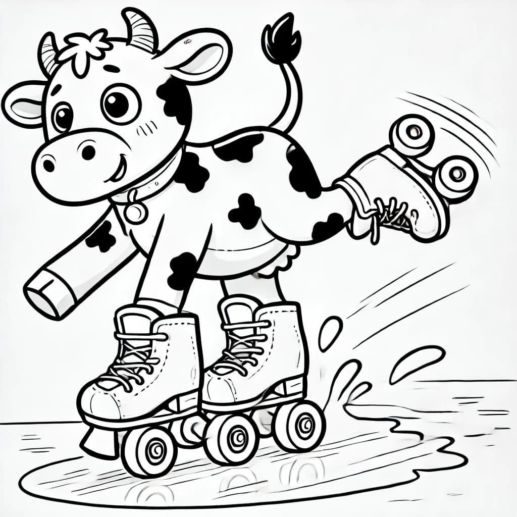 Ausmalbild - Kuh auf Rollschuhen rutscht aus - Kuh, Rollschuhe, lustig, rutschen
