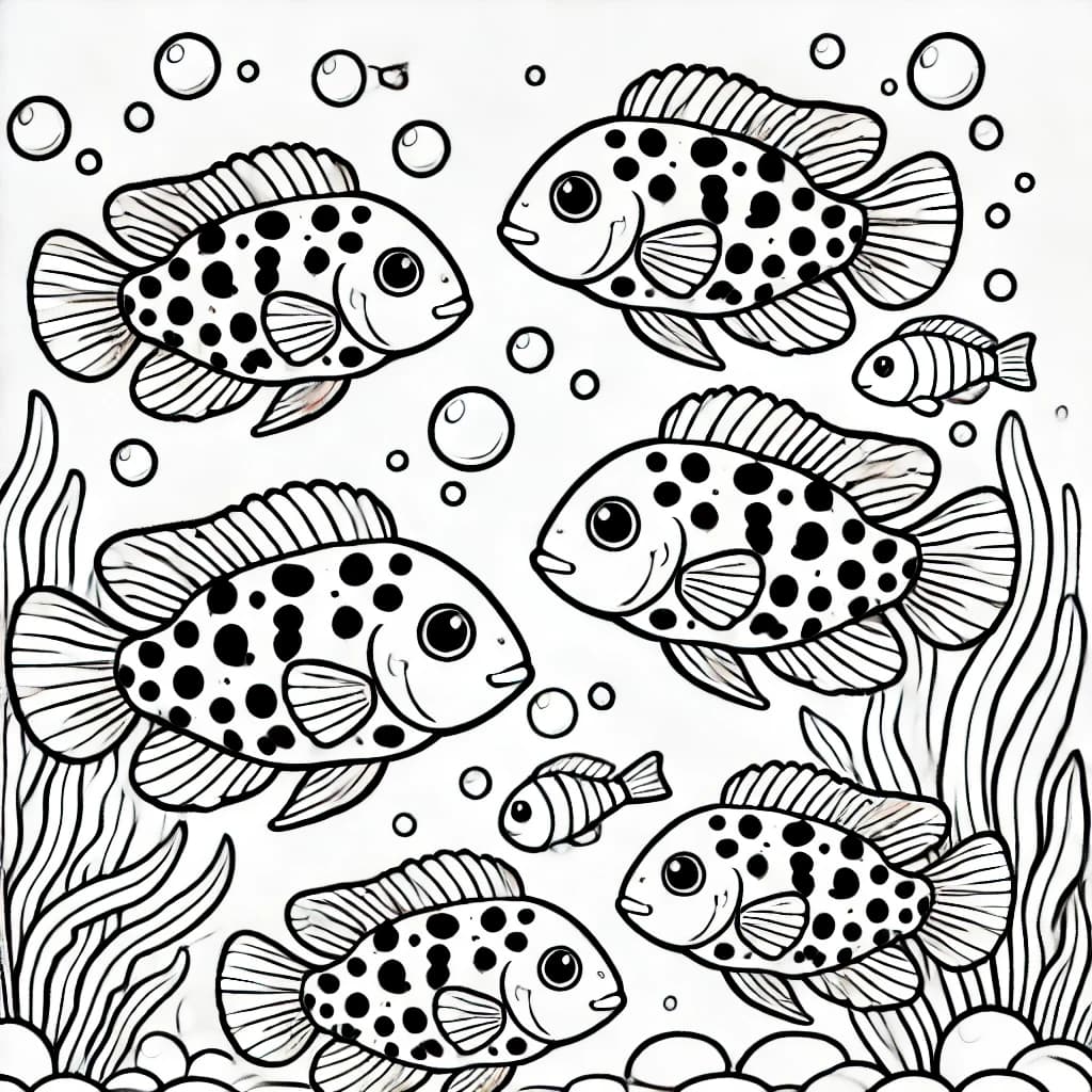 Ausmalbild - Tüpfelbuntbarsche im Wasser - Fisch, Unterwasser, Blasen, Pflanzen