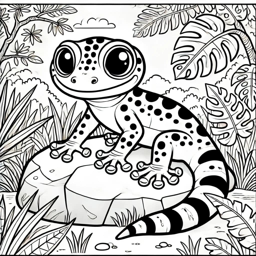 Ausmalbild - Riesengecko im Dschungel - Riesengecko, Reptilien, Dschungel, Tiere