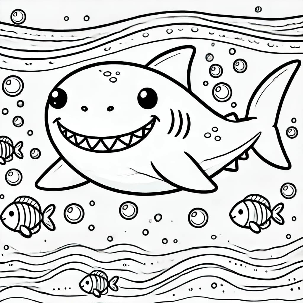 Ausmalbild - Freundlicher Hai im Meer - Hai, Ozean, Fische, Meer