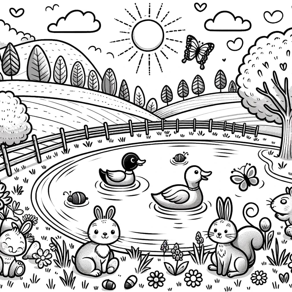 Ausmalbild - Freunde am Teich - Landschaft, Tiere, Teich, Ente