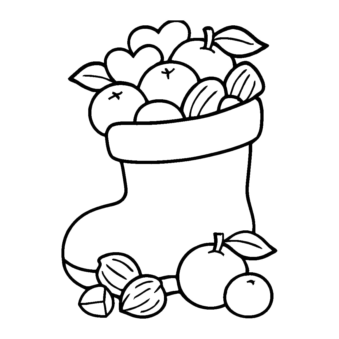Ausmalbild - Gefüllter Nikolausstiefel mit Mandarinen und Nüssen - Nikolaus, Stiefel, Mandarine, Nüsse