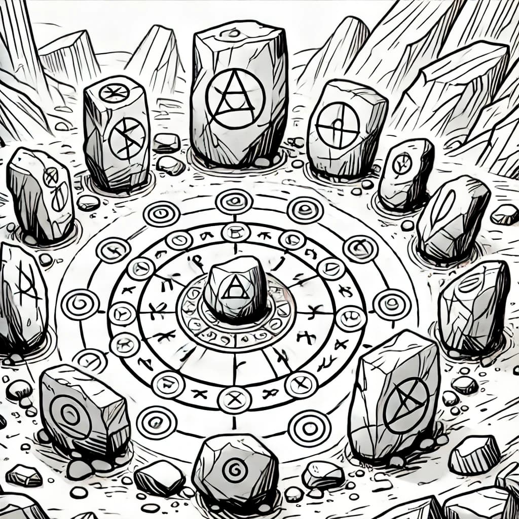 Ausmalbild - Der magische Steinkreis - Steinkreis, Runen, Magie, Mystik