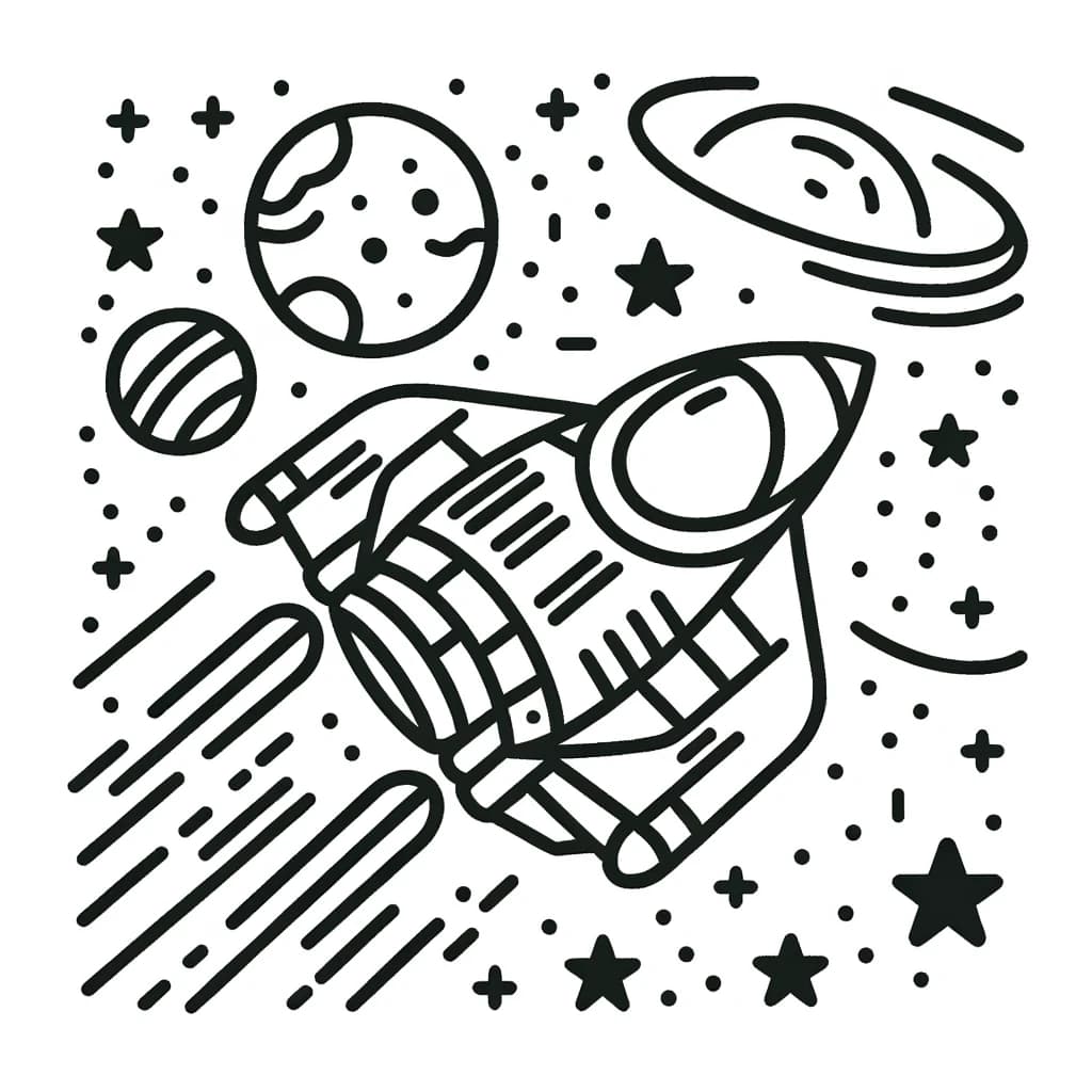 Ausmalbild - Abenteuer im Weltraum - Raumschiff, Sterne, Planet, Weltraumabenteuer