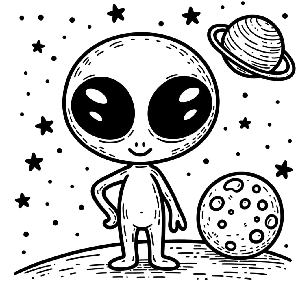Ausmalbild - Der freundliche Außerirdische - Außerirdischer, Alien, Planeten, Sterne