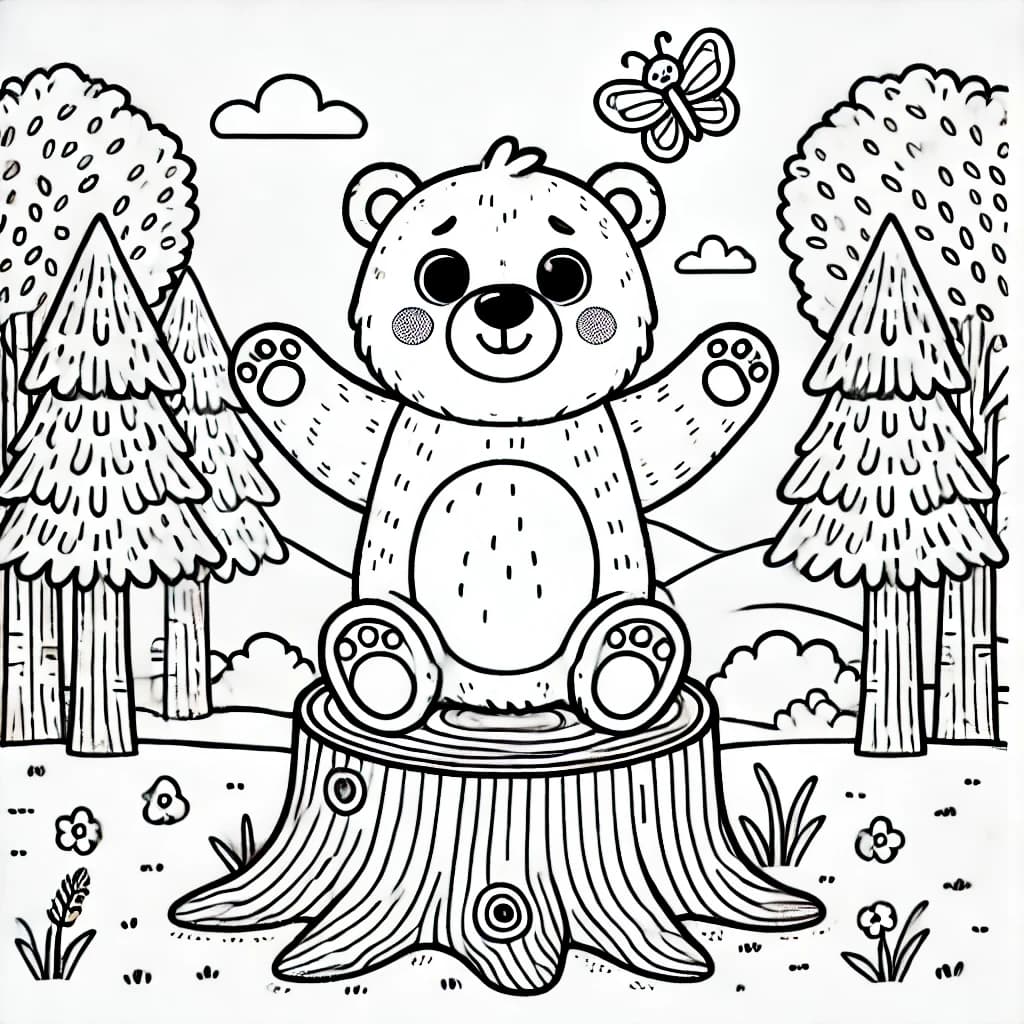 Ausmalbild - Freundlicher Bär im Wald - Bär, Wald, Baumstumpf, Schmetterling