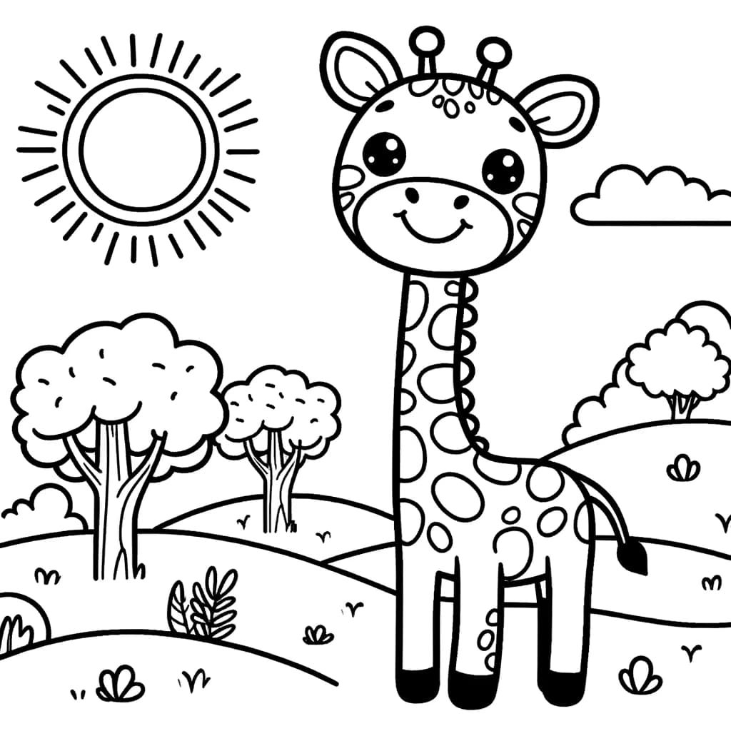 Ausmalbild - Freundliche Giraffe im Sonnenschein - Giraffe, Sonne, Bäume, Landschaft