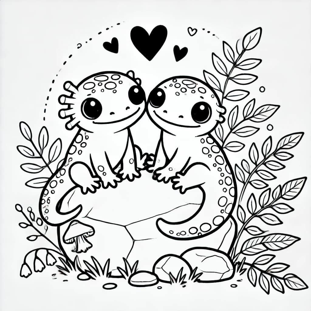 Ausmalbild - Verliebte Feuersalamander - Feuersalamander, Liebe, Tiere, Natur
