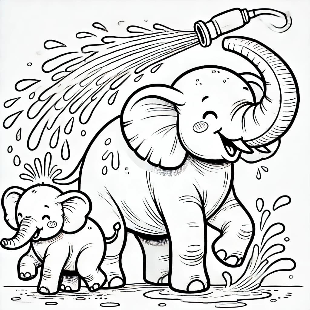 Ausmalbild - Elefantenmutter spritzt ihr Junges nass - Elefant, Wasser, Spritzen, Jungtier