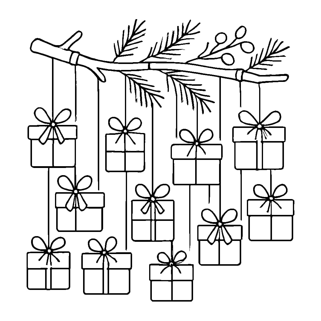 Ausmalbild - Adventskalender aus Päckchen am Zweig - Advent, Adventskalender, Weihnachten