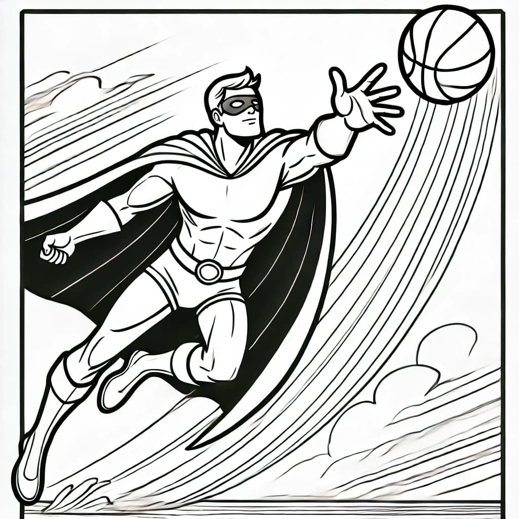 Ausmalbild - Superheld fängt den Ball - Superheld, Ball, Flug, Action