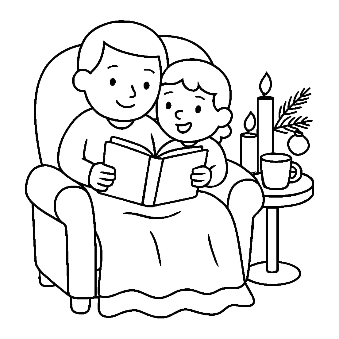 Ausmalbild - Vorlesen bei Kerzenschein im Advent - Advent, Kerze, Buch, Vorlesen