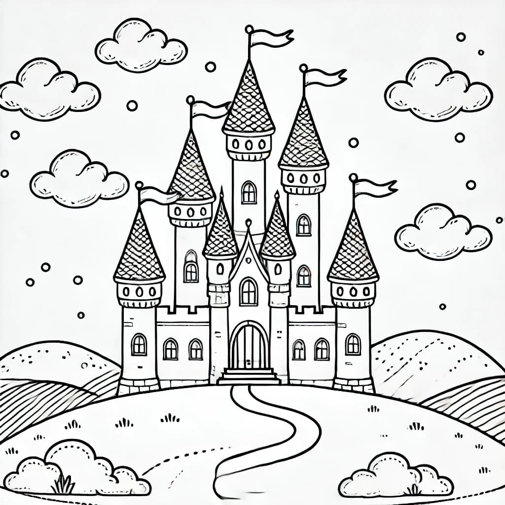 Ausmalbild - Das magische Schloss auf dem Hügel - Schloss, Türme, Fahnen, Hügel