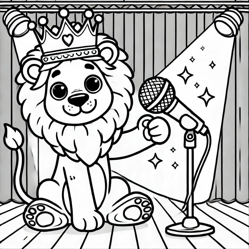 Ausmalbild - Der singende Löwenkönig - Löwe, Krone, Mikrofon, Bühne