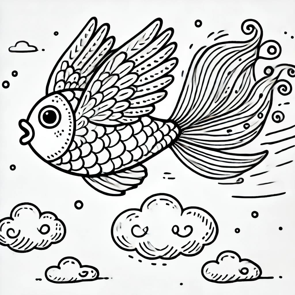 Ausmalbild - Der fliegende Fisch - Fisch, Flügel, fliegen, Himmel