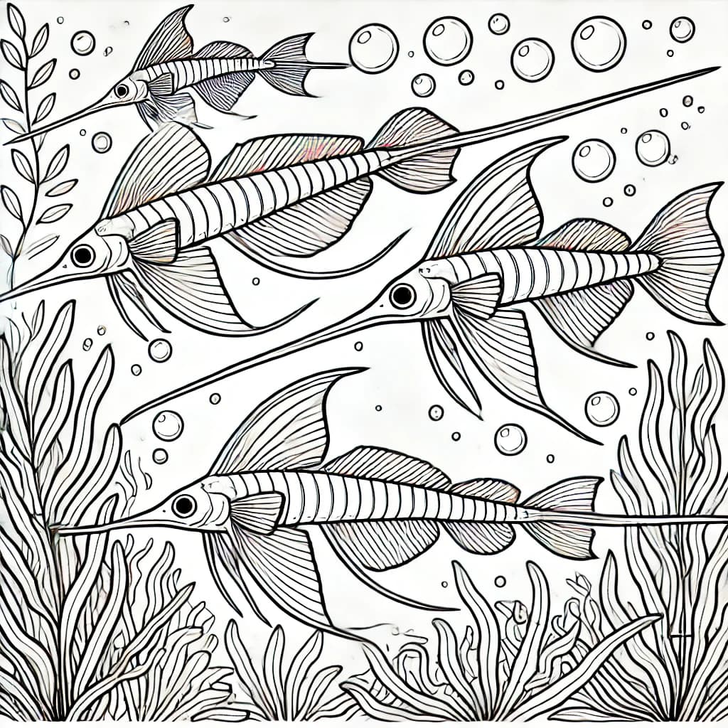 Ausmalbild - Geistermesserfische unter Wasser - Fisch, Unterwasser, Geistermesserfisch, Meer