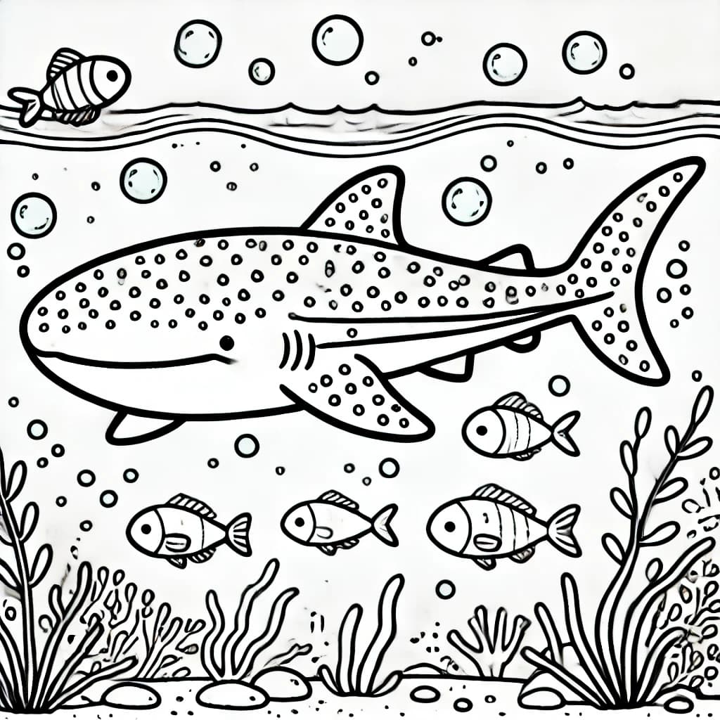 Ausmalbild - Freundlicher Walhai im Meer - Walhai, Ozean, Fische, Meer