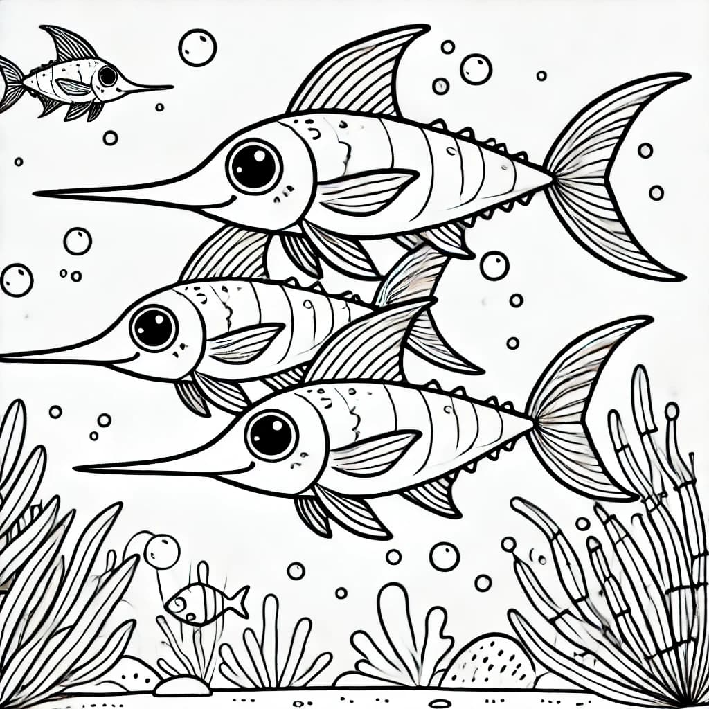 Ausmalbild - Familie Schwertfisch im Ozean - Schwertfisch, Meer, Familie, Fische