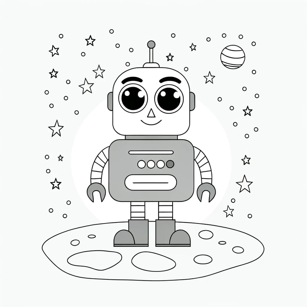 Ausmalbild - Der freundliche Weltraum-Roboter - Roboter, Weltraum, Sterne, Planeten