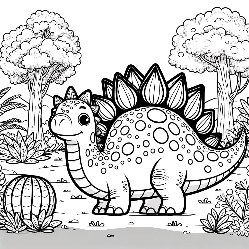 Ausmalbild - Der freundliche Stegosaurus - Stegosaurus, prähistorische Landschaft, Bäume, Pflanzen