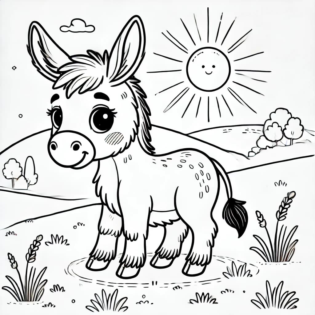 Ausmalbild - Freundlicher Esel auf der Wiese - Esel, Wiese, Sonne, Tiere