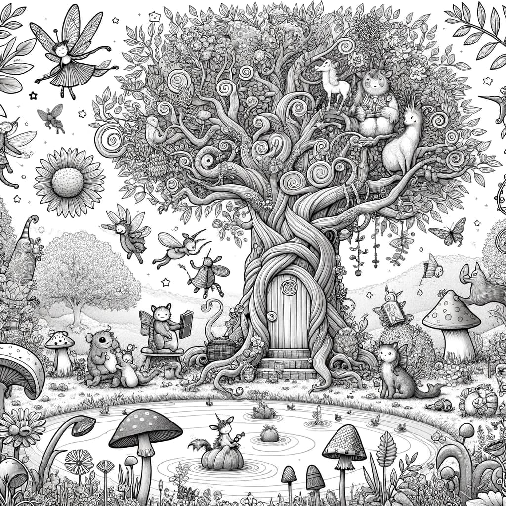 Ausmalbild - Zauberhafter Fantasiegarten - Fantasiegarten, magischer Baum, Feen, Einhörner